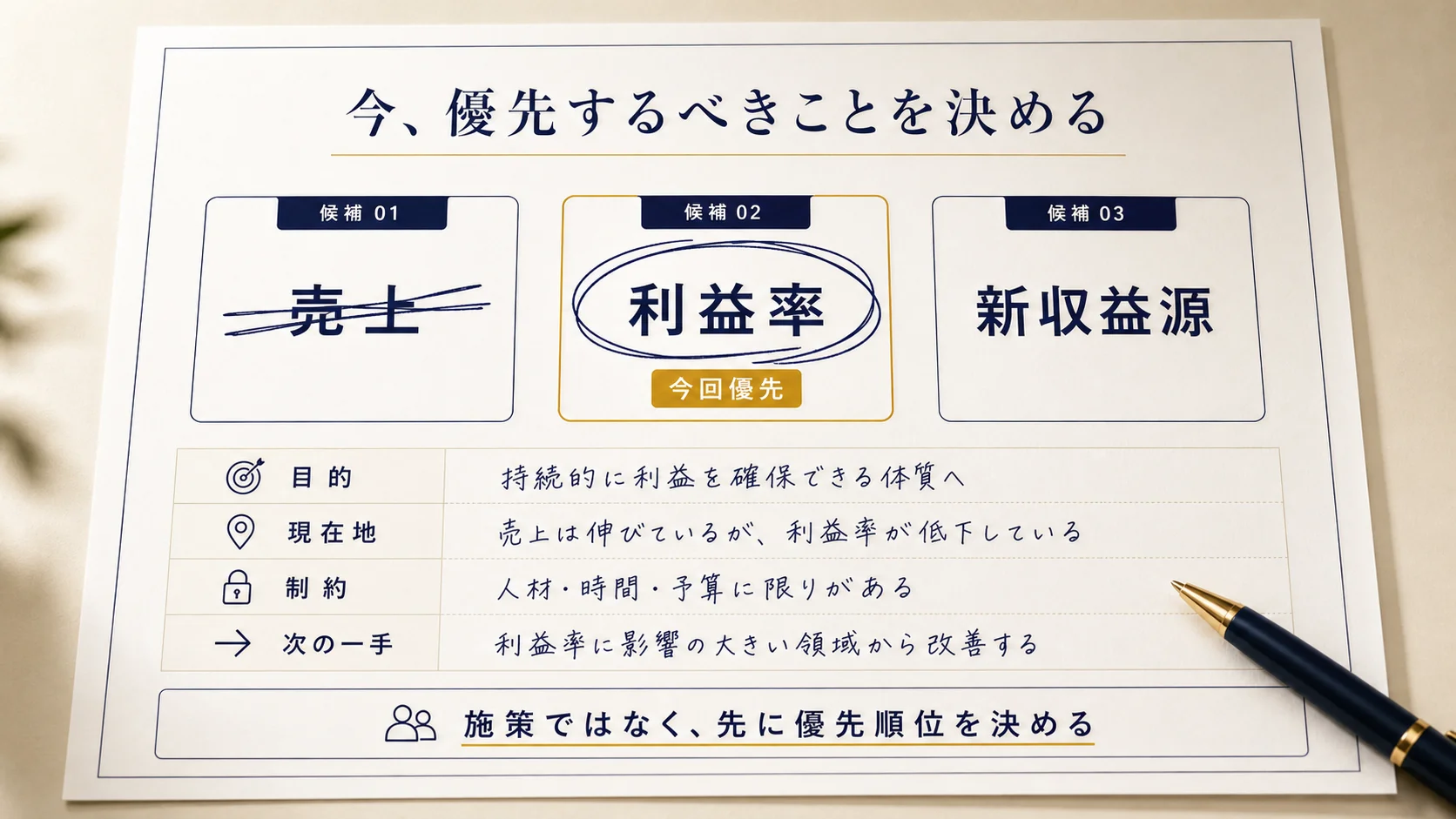 打ち手選びの優先順位:候補3つから1つを選び、目的・現在地・制約・次の一手を整理して施策ではなく先に優先順位を決める